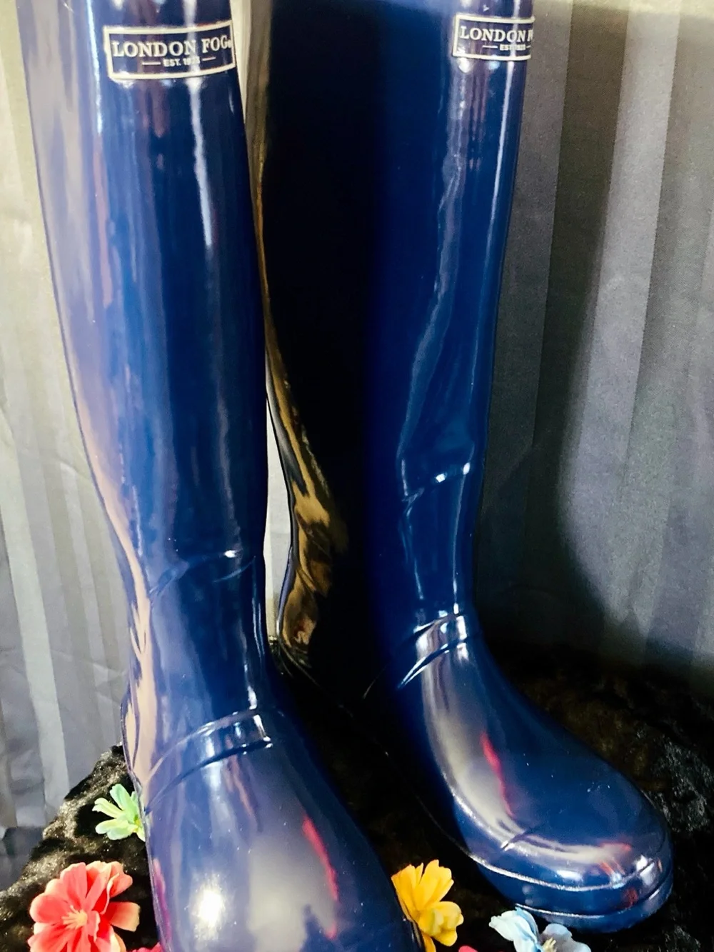 London Fog Glossy Navy Tall Women's Rain Boots